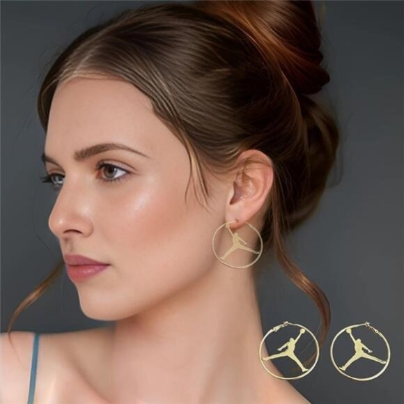 NEW MICHAEL JORDAN JUMPMAN JUMP MAN GOLD‎ - PLATED HOOP CLASP EARRING DANGLE - Picture 2 of 9